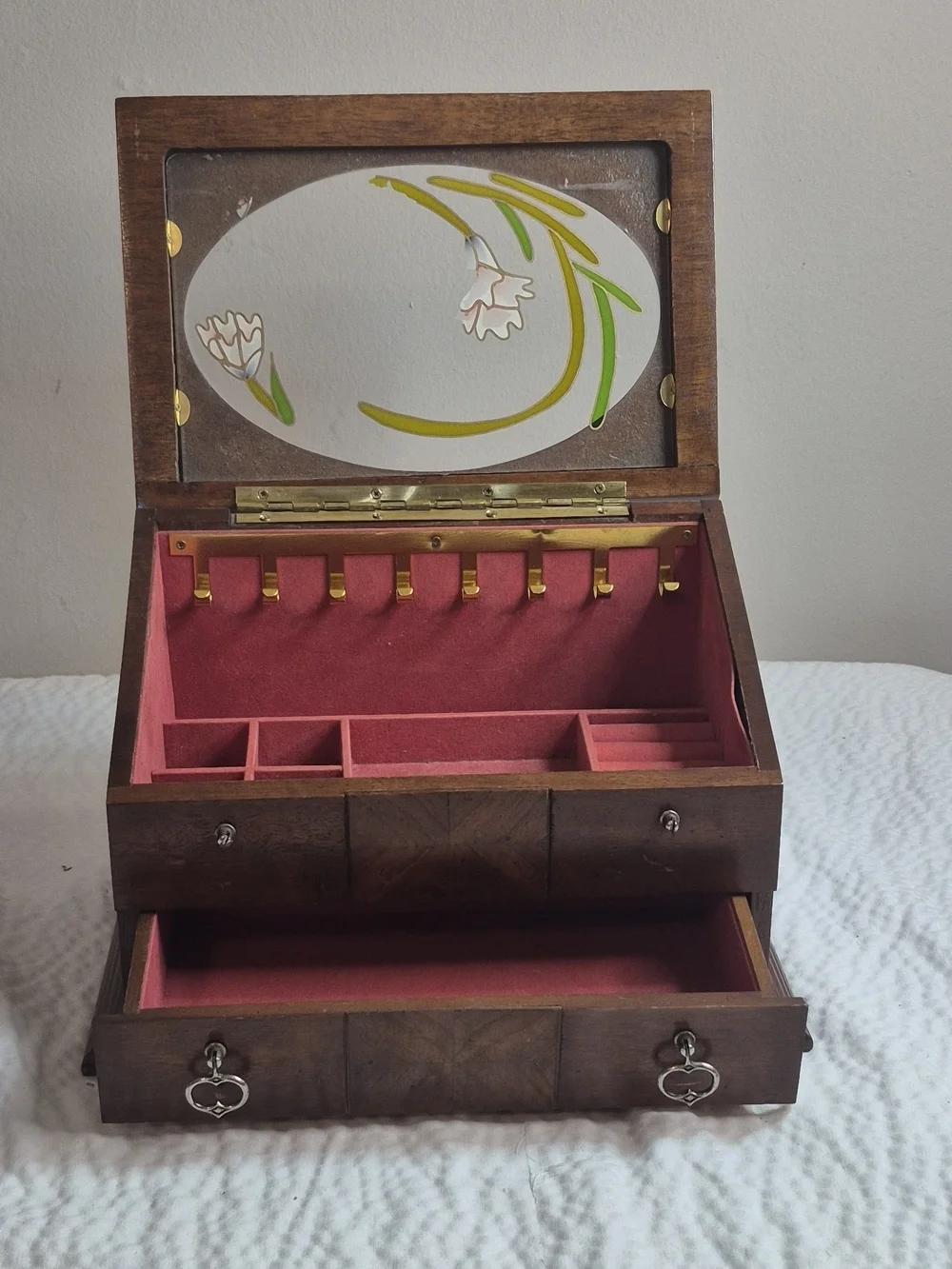 Vintage Wood Jewelry Box w/ Mirror, Floral Glass Lid, Drawers, Brown 11in 25+ pc